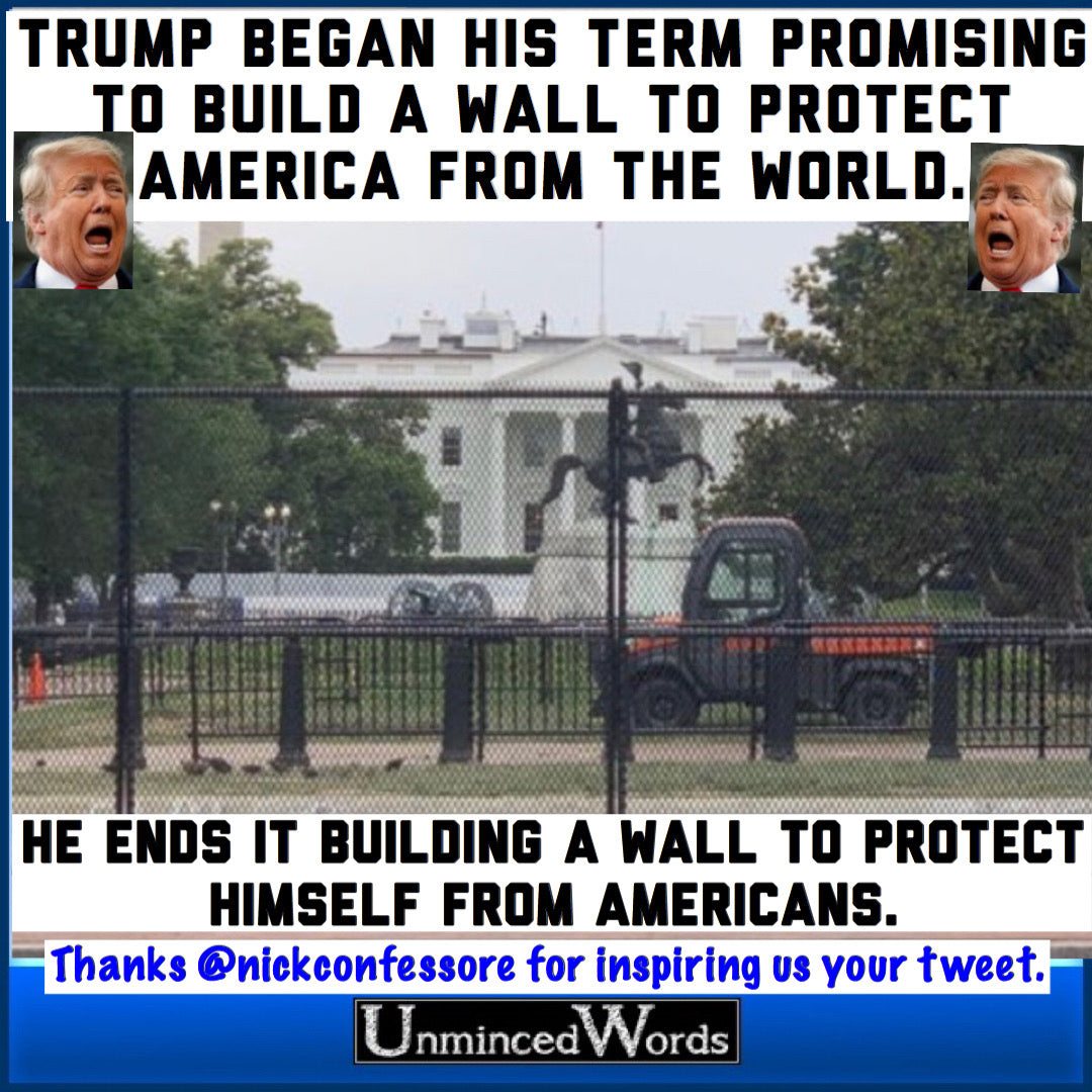 Trump began his term promising to build a wall to protect America from the world. He ends it building a wall to protect himself from Americans. ‬